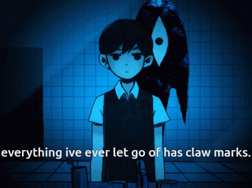 A Cartoon Of A Boy And A Bird With The Words " Everything Ive Ever Let Go Of Has Claw Marks " GIF