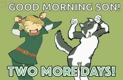 A Cartoon Of A Boy And A Cat With The Words " Good Morning Son Two More Days " Below Them GIF