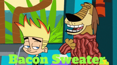 A Cartoon Of A Boy And A Dog With The Words Bacon Sweater On The Bottom GIF