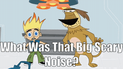 A Cartoon Of A Boy And A Dog With The Words " What Was That Big Scary Noise " GIF