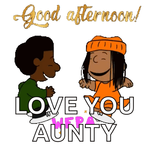 A Cartoon Of A Boy And A Girl Dancing With The Words `` Good Afternoon Love You Aunty '' GIF