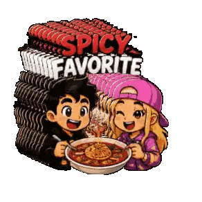 A Cartoon Of A Boy And A Girl Eating Noodles With The Words Spicy Favorite Above Them Sticker
