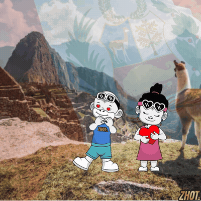 A Cartoon Of A Boy And A Girl Holding A Heart With The Word Zhou On The Bottom GIF