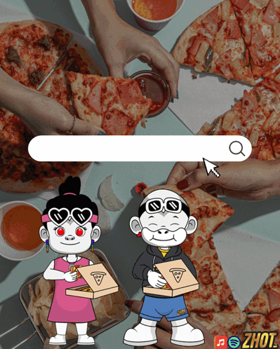 A Cartoon Of A Boy And A Girl Holding Pizza Boxes With A Search Bar Above Them GIF