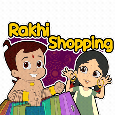 A Cartoon Of A Boy And A Girl Holding Shopping Bags With The Words " Rakhi Shopping " Below Them GIF