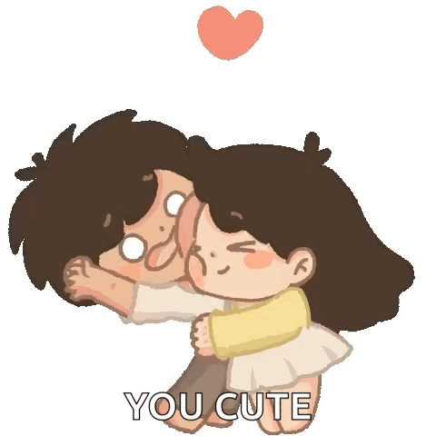 A Cartoon Of A Boy And A Girl Hugging And Kissing With The Words `` You Cute '' Above Them . GIF