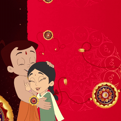 A Cartoon Of A Boy And A Girl Hugging Each Other On A Red Background GIF