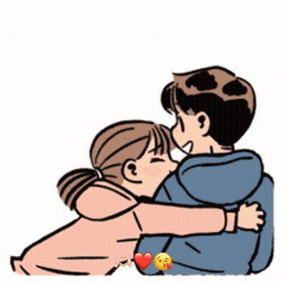 A Cartoon Of A Boy And A Girl Hugging Each Other With A Heart In The Middle GIF