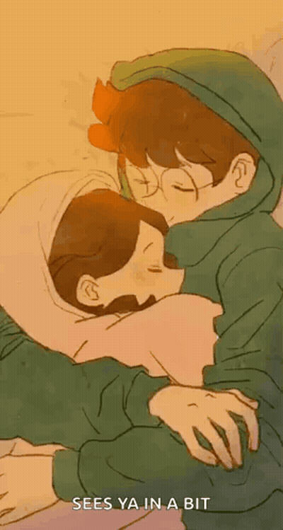 A Cartoon Of A Boy And A Girl Hugging Each Other With The Words `` Sees Ya In A Bit '' . GIF