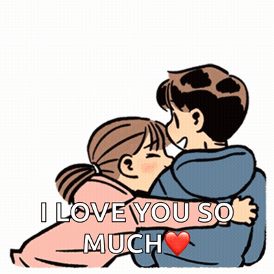 A Cartoon Of A Boy And A Girl Hugging With The Words I Love You So Much Above Them GIF