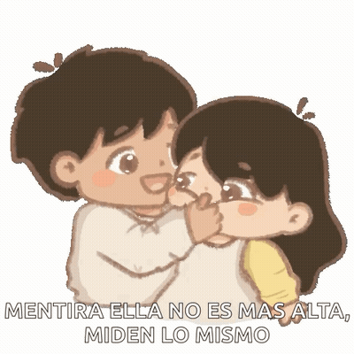 A Cartoon Of A Boy And A Girl Hugging With The Words Mentira Ella No Es Mas Alta GIF