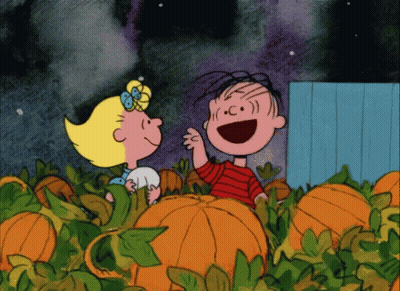 A Cartoon Of A Boy And A Girl In A Field Of Pumpkins GIF