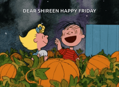 A Cartoon Of A Boy And A Girl In A Pumpkin Patch Says Dear Shireen Happy Friday GIF