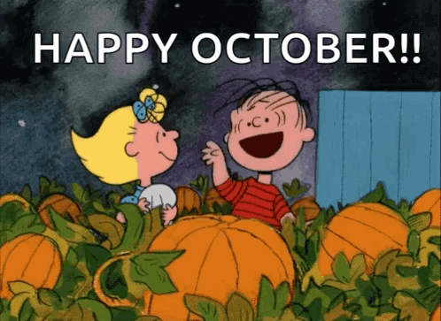 A Cartoon Of A Boy And A Girl In A Pumpkin Patch With The Words Happy October GIF