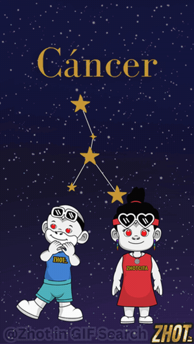 A Cartoon Of A Boy And A Girl In Front Of A Constellation Called Cancer GIF