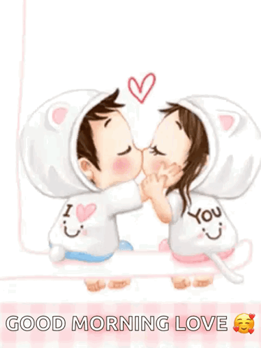 A Cartoon Of A Boy And A Girl Kissing With The Words `` Good Morning Love '' . GIF