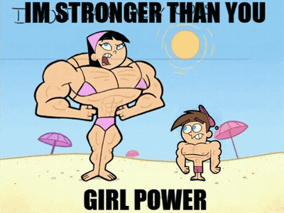 A Cartoon Of A Boy And A Girl On A Beach With The Caption " Im Stronger Than You " GIF