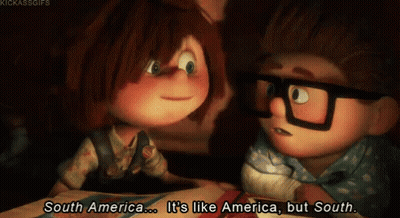 A Cartoon Of A Boy And A Girl Saying South America Is Like America But South GIF