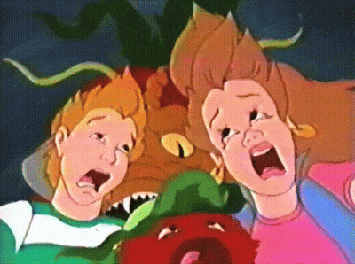 A Cartoon Of A Boy And A Girl Screaming With A Monster In The Background GIF