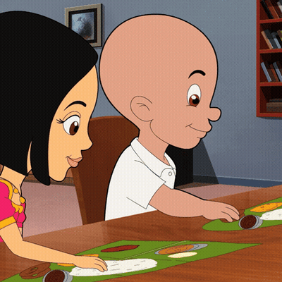 A Cartoon Of A Boy And A Girl Sitting At A Table With Food GIF