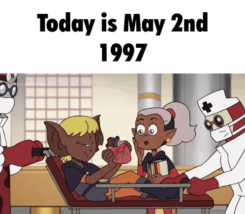 A Cartoon Of A Boy And A Girl Sitting In An Ambulance With Today Being May 2Nd 1997 GIF