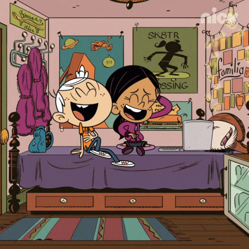 A Cartoon Of A Boy And A Girl Sitting On A Bed With A Sign That Says Sk8tr On The Wall GIF