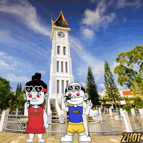 A Cartoon Of A Boy And A Girl Standing In Front Of A Clock Tower That Says Zhot GIF