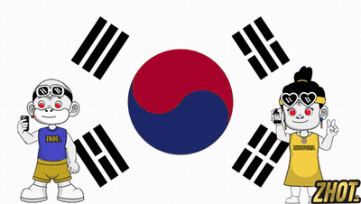 A Cartoon Of A Boy And A Girl Standing In Front Of A Korean Flag With The Word Zhou On The Bottom GIF