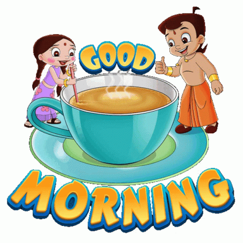 A Cartoon Of A Boy And A Girl Standing Next To A Cup Of Coffee With The Words Good Morning Above Them GIF