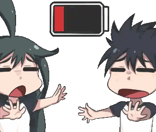 A Cartoon Of A Boy And A Girl Standing Next To Each Other With A Low Battery Behind Them Sticker