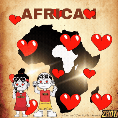 A Cartoon Of A Boy And A Girl Surrounded By Hearts With The Word Africa Written Above Them GIF