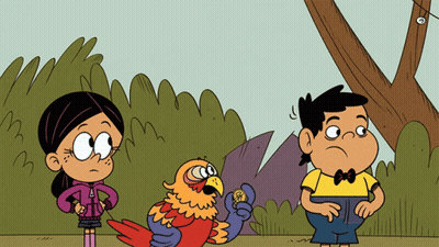 A Cartoon Of A Boy And A Girl With A Parrot GIF