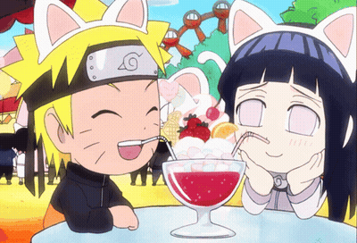 A Cartoon Of A Boy And A Girl With Cat Ears Drinking From A Cup GIF
