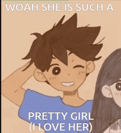 A Cartoon Of A Boy And A Girl With The Caption Woah She Is Such A Pretty Girl I Love Her GIF