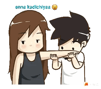 A Cartoon Of A Boy And A Girl With The Words Enna Kadichiyaa On The Bottom Sticker