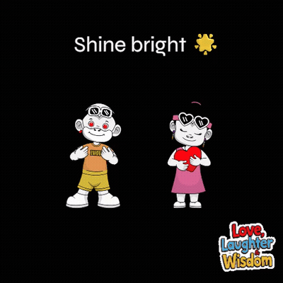 A Cartoon Of A Boy And A Girl With The Words Love Laughter Wisdom Written Below Them GIF