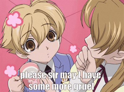 A Cartoon Of A Boy And A Girl With The Words Please Sir May I Have Some More Gruel GIF