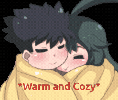 A Cartoon Of A Boy And A Girl Wrapped In A Blanket With The Words Warm And Cozy Above Them GIF
