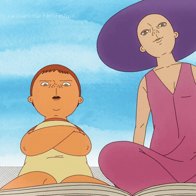 A Cartoon Of A Boy And A Woman Sitting Next To Each Other With The Words La Querimba Film Festival Written On The Bottom GIF