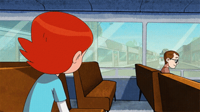 A Cartoon Of A Boy And Girl Sitting On A Bus Looking Out The Window GIF