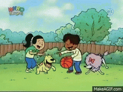 A Cartoon Of A Boy And Two Girls Playing Basketball With A Dog GIF