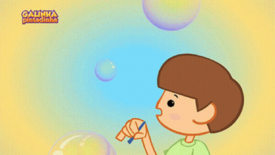 A Cartoon Of A Boy Blowing Soap Bubbles With The Words Galinha Pintadinha On The Bottom Right GIF