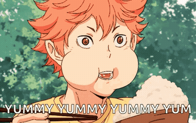 A Cartoon Of A Boy Eating Rice With Chopsticks And The Words " Yummy Yummy Yummy Yum " Below Him GIF