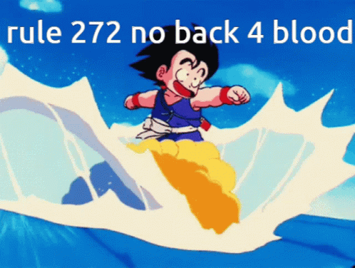 A Cartoon Of A Boy Flying Through The Air With The Words Rule 272 No Back 4 Blood Above Him GIF