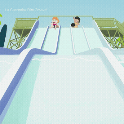 A Cartoon Of A Boy Going Down A Water Slide With The Words La Guarimba Film Festival Above Him GIF
