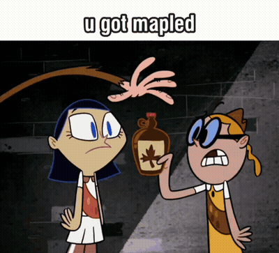 A Cartoon Of A Boy Holding A Bottle Of Maple Syrup With The Caption U Got Mapled GIF