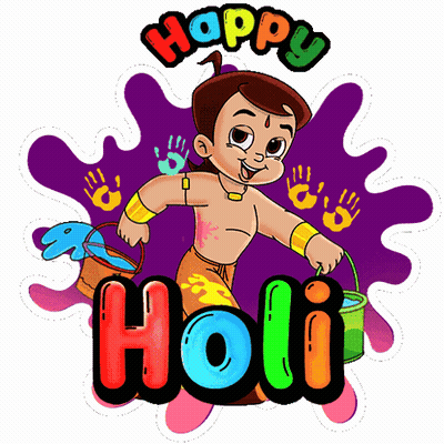 A Cartoon Of A Boy Holding A Bucket With The Words Happy Holi Behind Him GIF