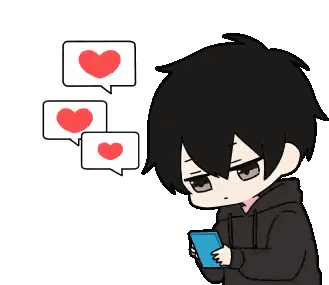 A Cartoon Of A Boy Holding A Cell Phone With Three Speech Bubbles With Hearts In Them GIF