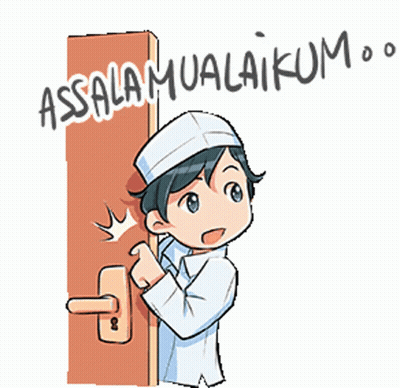 A Cartoon Of A Boy Holding A Door With The Words " Assalamualaikum " On It GIF