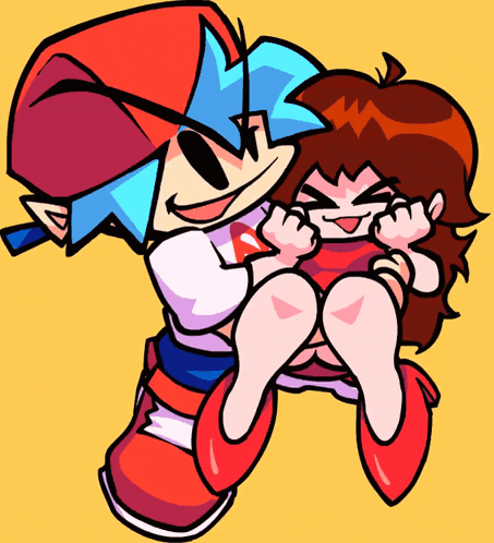 A Cartoon Of A Boy Holding A Girl In His Arms On A Yellow Background GIF